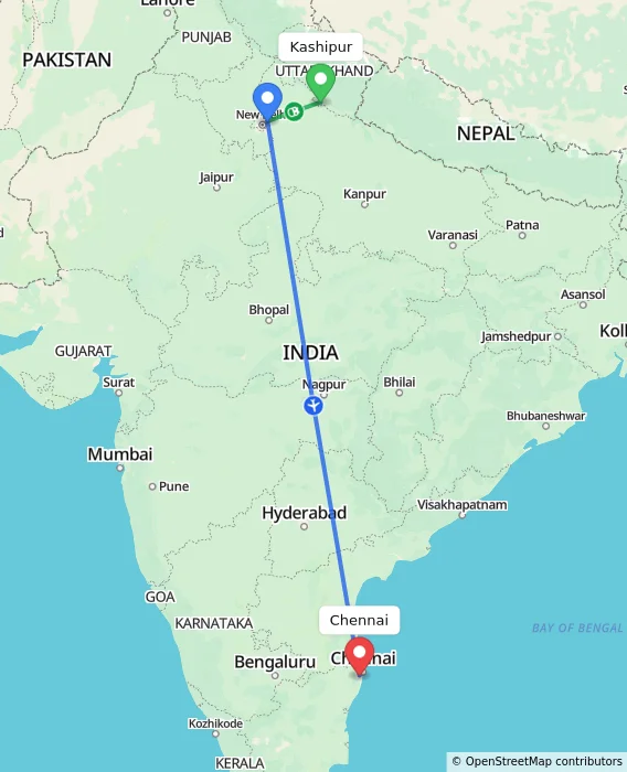 Route map showing distance and travel time from Kashipur, India to Chennai, India