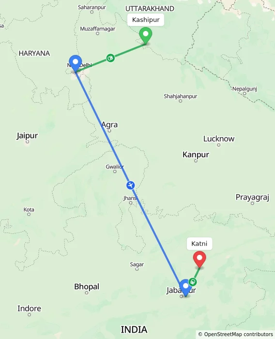 Route map showing distance and travel time from Kashipur, India to Katni, India