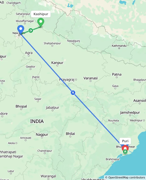 Route map showing distance and travel time from Kashipur, India to Puri, India