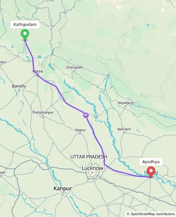 Route map showing distance and travel time from Kathgodam, India to Ayodhya, India