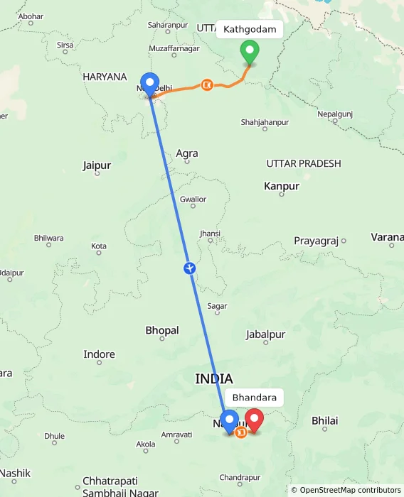 Route map showing distance and travel time from Kathgodam, India to Bhandara, India