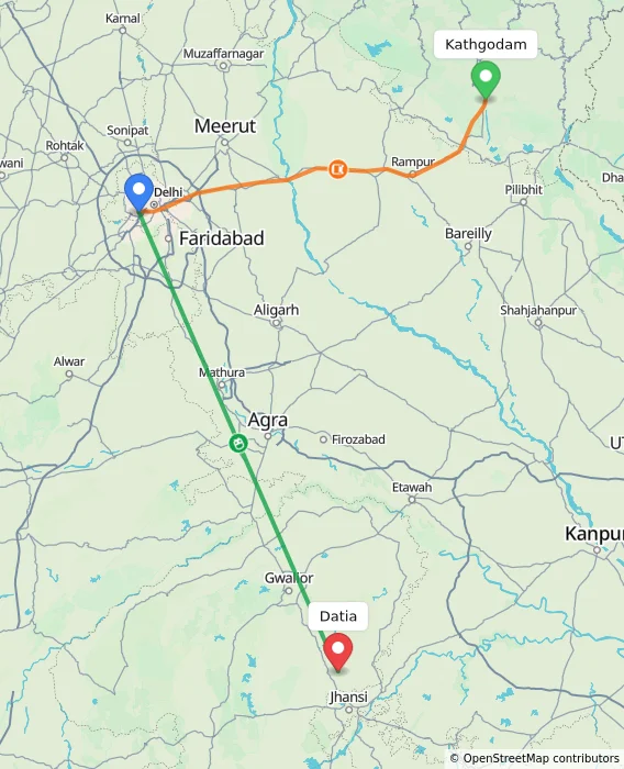 Route map showing distance and travel time from Kathgodam, India to Datia, India