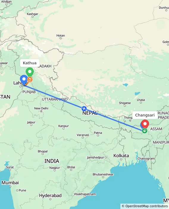 Route map showing distance and travel time from Kathua, India to Changsari, India
