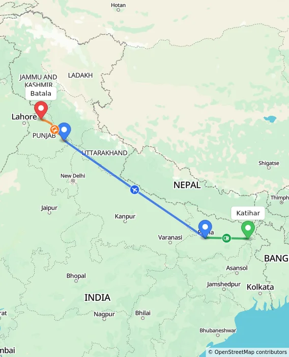 Route map showing distance and travel time from Katihar, India to Batala, India