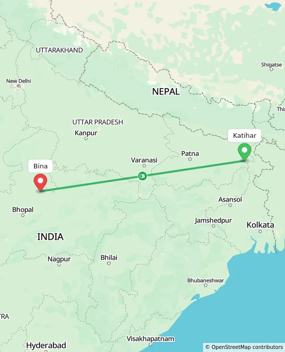 Route map showing distance and travel time from Katihar, India to Bina, India