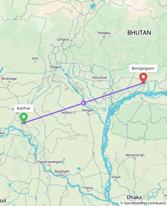 Route map showing distance and travel time from Katihar, India to Bongaigaon, India