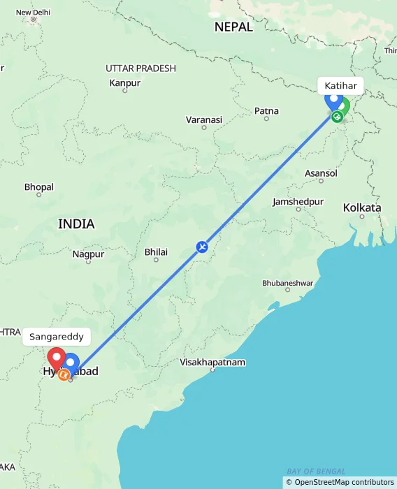Route map showing distance and travel time from Katihar, India to Sangareddy, India