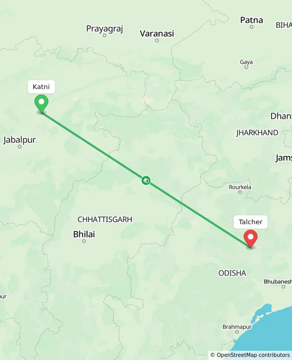 Route map showing distance and travel time from Katni, India to Talcher, India