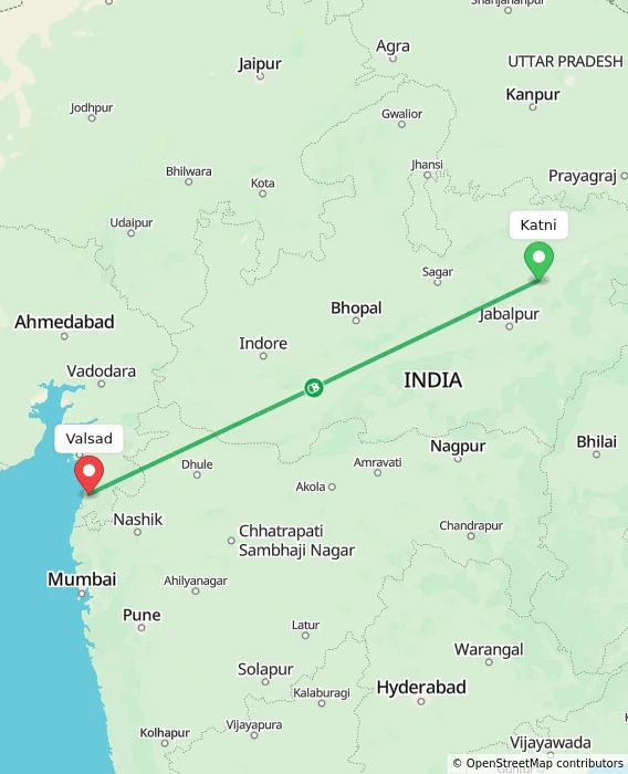Route map showing distance and travel time from Katni, India to Valsad, India