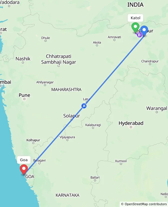 Route map showing distance and travel time from Katol, India to Goa, India