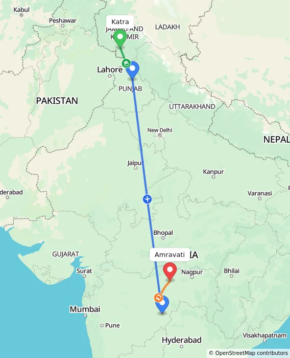 Route map showing distance and travel time from Katra, India to Amravati, India