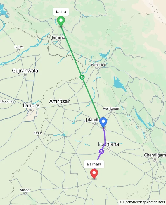 Route map showing distance and travel time from Katra, India to Barnala, India