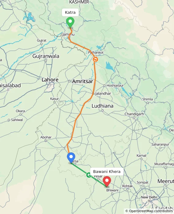 Route map showing distance and travel time from Katra, India to Bawani Khera, India