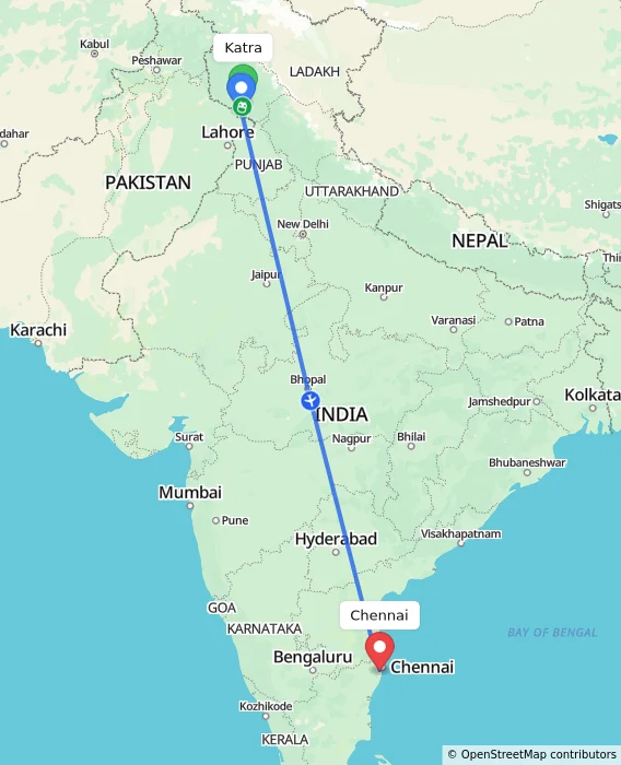 Route map showing distance and travel time from Katra, India to Chennai, India