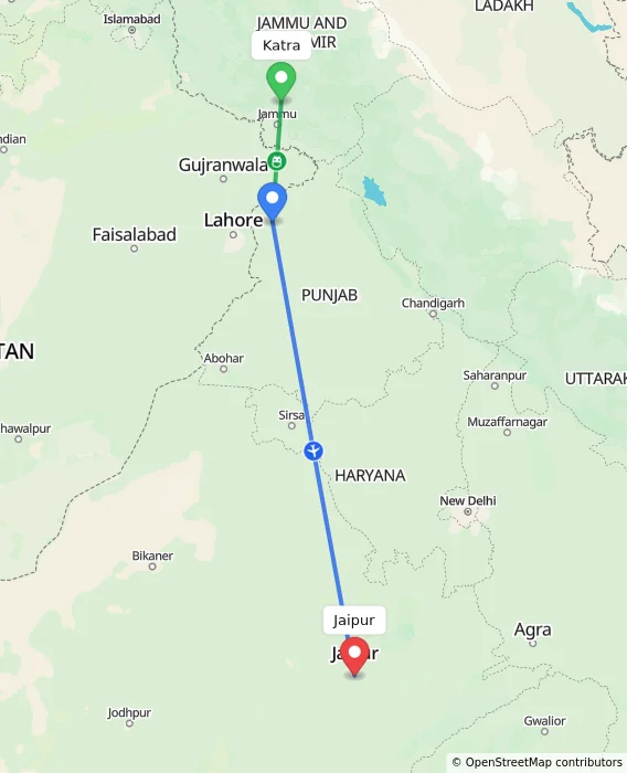 Route map showing distance and travel time from Katra, India to Jaipur, India