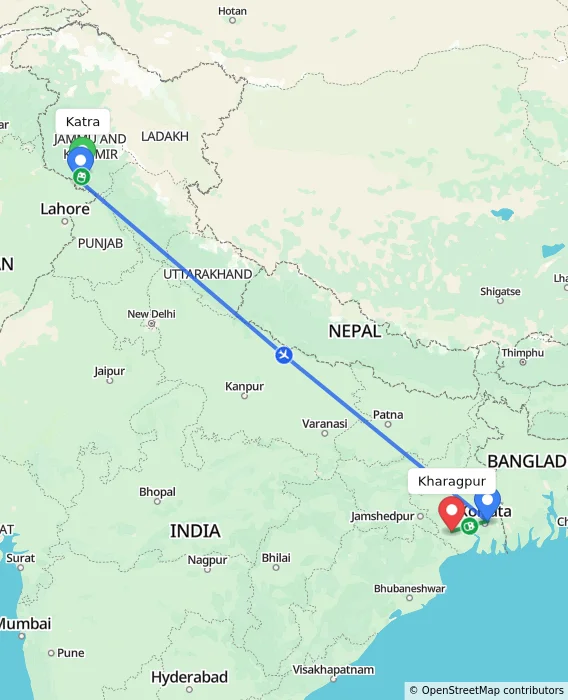 Route map showing distance and travel time from Katra, India to Kharagpur, India