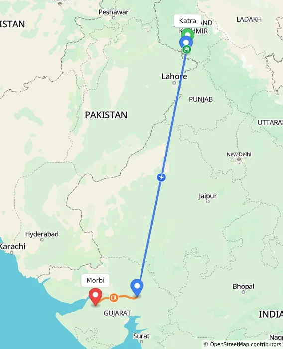 Route map showing distance and travel time from Katra, India to Morbi, India