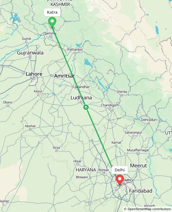 Route map showing distance and travel time from Katra, India to Delhi, India