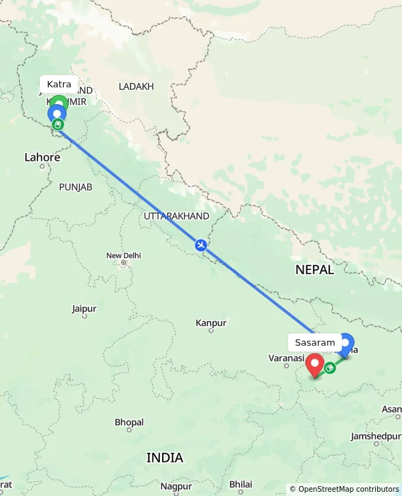 Route map showing distance and travel time from Katra, India to Sasaram, India