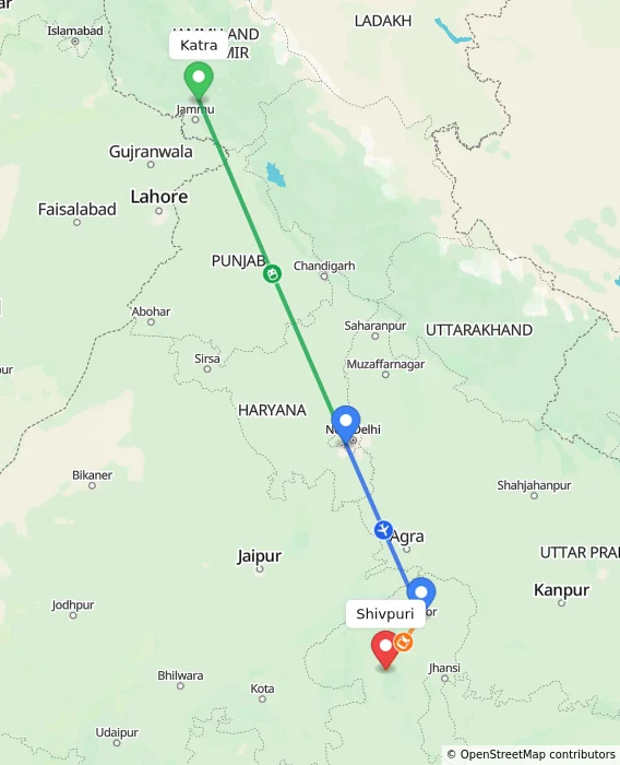 Route map showing distance and travel time from Katra, India to Shivpuri, India