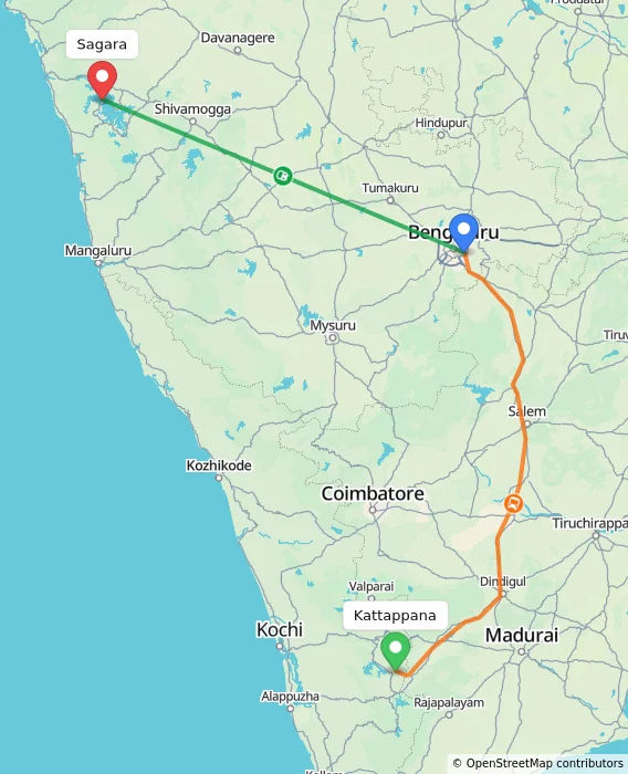 Route map showing distance and travel time from Kattappana, India to Sagara, India