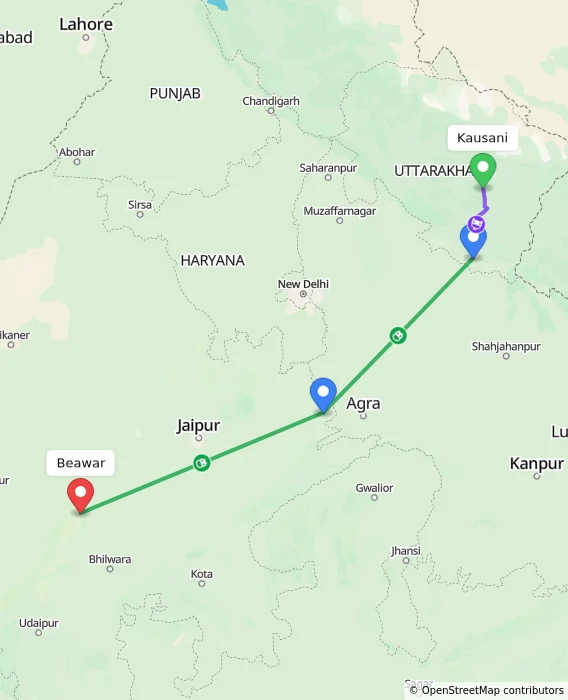 Route map showing distance and travel time from Kausani, India to Beawar, India
