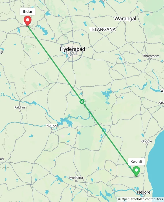 Route map showing distance and travel time from Kavali, India to Bidar, India