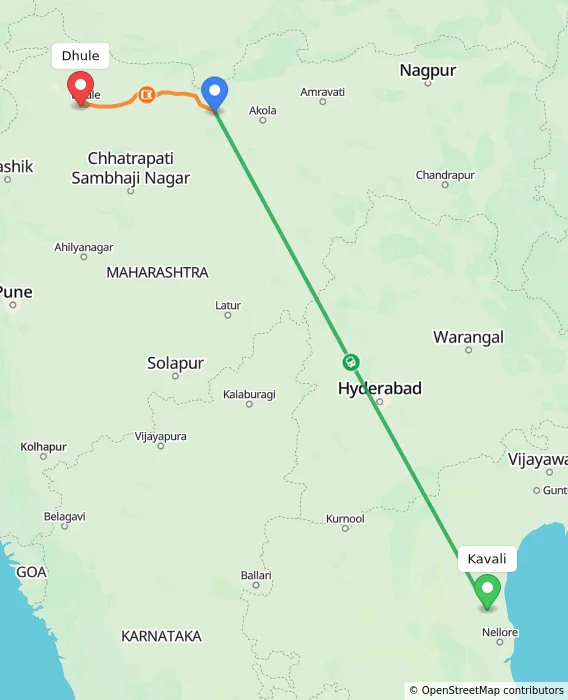 Route map showing distance and travel time from Kavali, India to Dhule, India