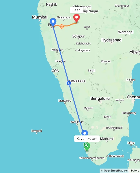 Route map showing distance and travel time from Kayamkulam, India to Beed, India