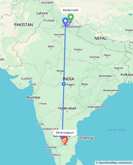Route map showing distance and travel time from Kedarnath, India to Dharmapuri, India