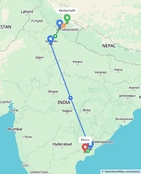 Route map showing distance and travel time from Kedarnath, India to Eluru, India