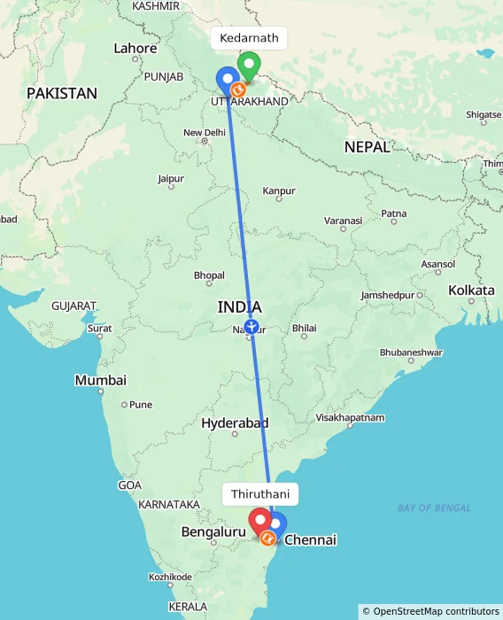 Route map showing distance and travel time from Kedarnath, India to Thiruthani, India