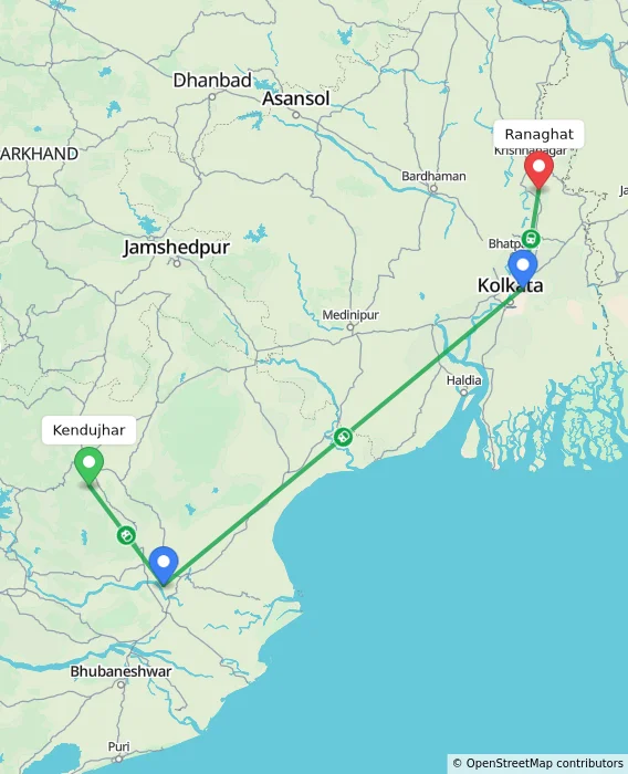 Route map showing distance and travel time from Kendujhar, India to Ranaghat, India