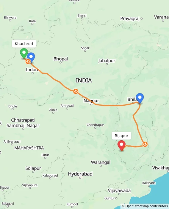 Route map showing distance and travel time from Khachrod, India to Bijapur, India