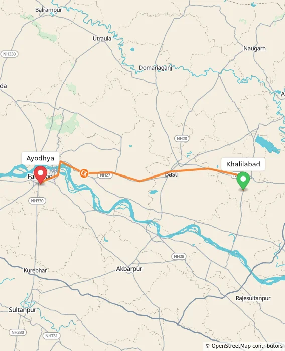 Route map showing distance and travel time from Khalilabad, India to Ayodhya, India