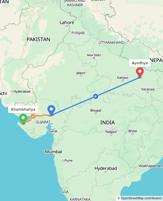 Route map showing distance and travel time from Khambhaliya, India to Ayodhya, India