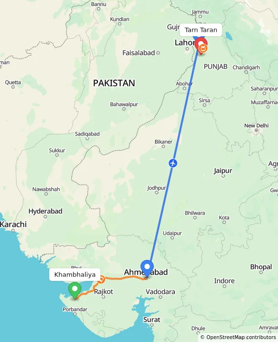 Route map showing distance and travel time from Khambhaliya, India to Tarn Taran, India