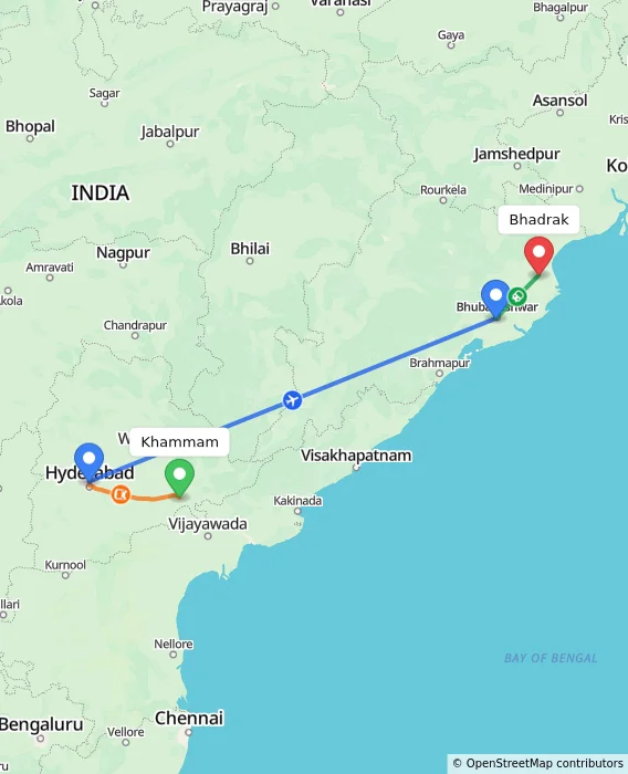 Route map showing distance and travel time from Khammam, India to Bhadrak, India
