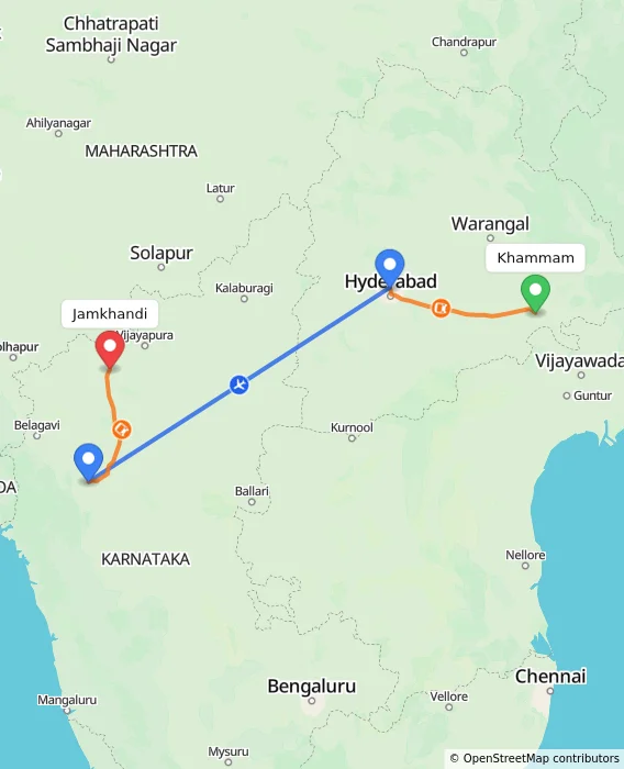 Route map showing distance and travel time from Khammam, India to Jamkhandi, India