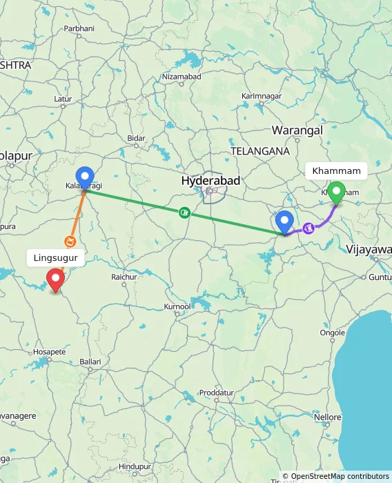 Route map showing distance and travel time from Khammam, India to Lingsugur, India