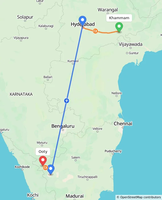 Route map showing distance and travel time from Khammam, India to Ooty, India