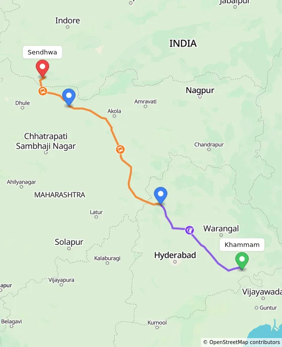 Route map showing distance and travel time from Khammam, India to Sendhwa, India