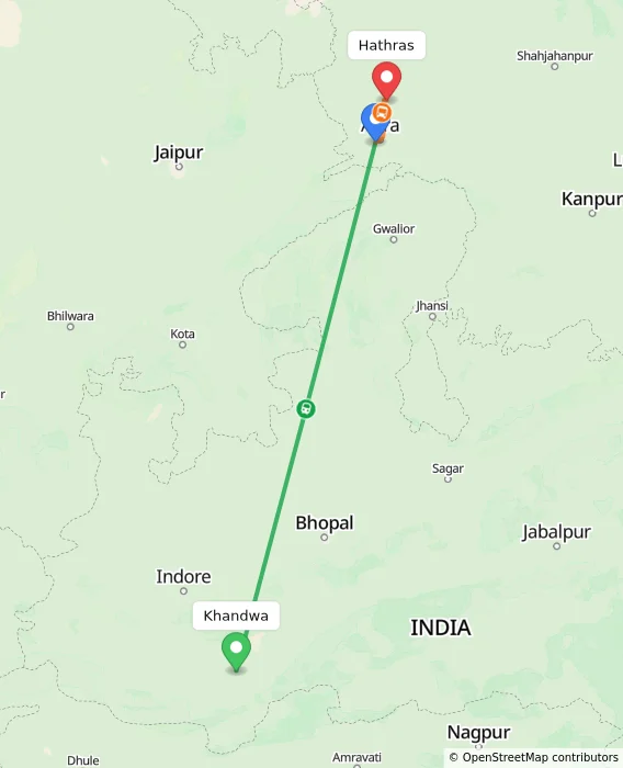 Route map showing distance and travel time from Khandwa, India to Hathras, India