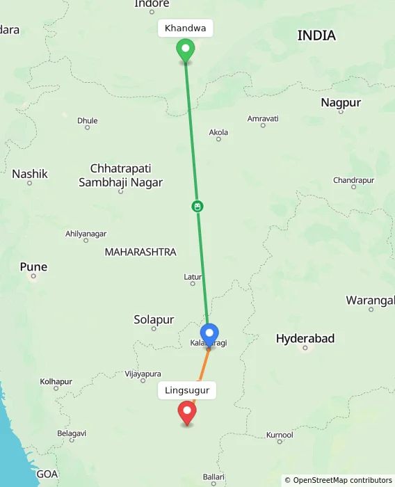 Route map showing distance and travel time from Khandwa, India to Lingsugur, India