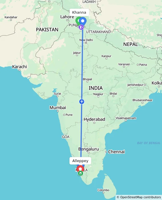 Route map showing distance and travel time from Khanna, India to Alappuzha, India