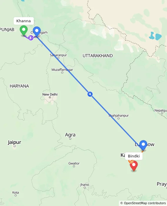 Route map showing distance and travel time from Khanna, India to Bindki, India