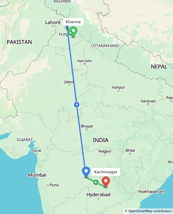 Route map showing distance and travel time from Khanna, India to Karimnagar, India