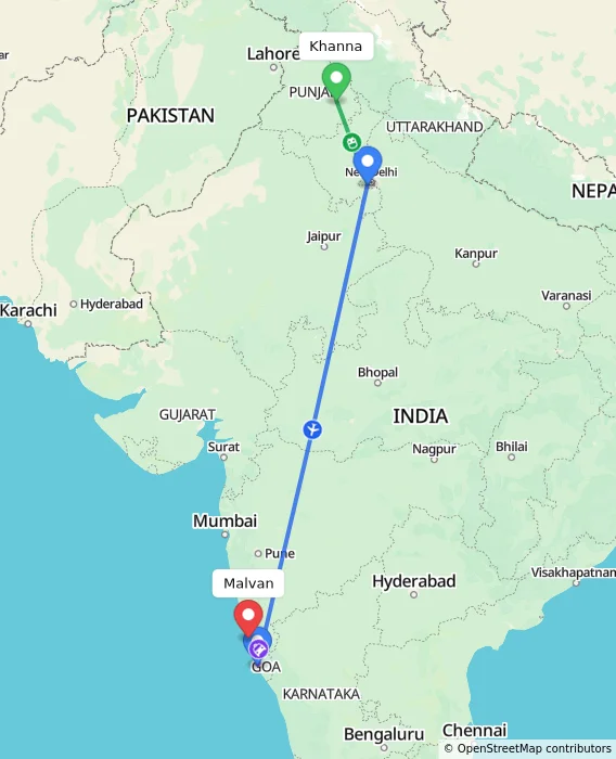 Route map showing distance and travel time from Khanna, India to Malvan, India