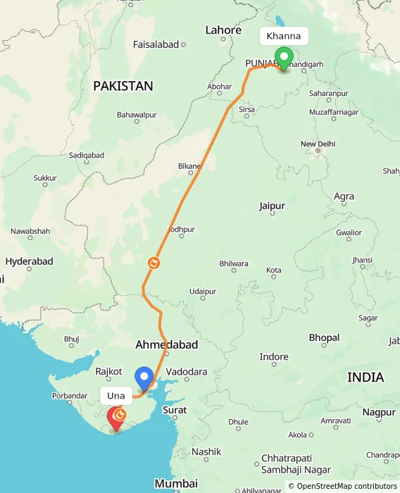 Route map showing distance and travel time from Khanna, India to Una, India