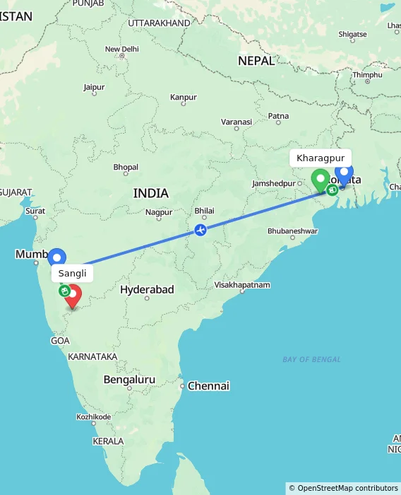 Route map showing distance and travel time from Kharagpur, India to Sangli, India